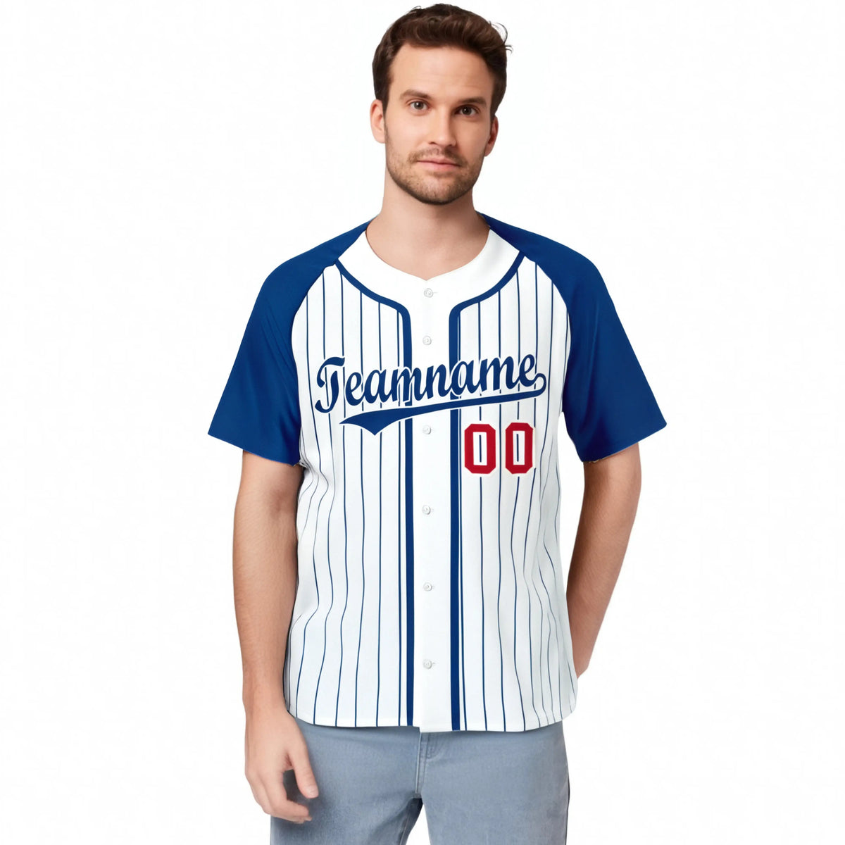 Custom White Blue Pinstripe Crimson-Blue Authentic Raglan Sleeves Baseball Jersey