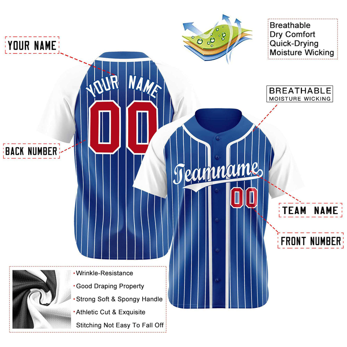 Custom Blue White Pinstripe Red-White Authentic Raglan Sleeves Baseball Jersey