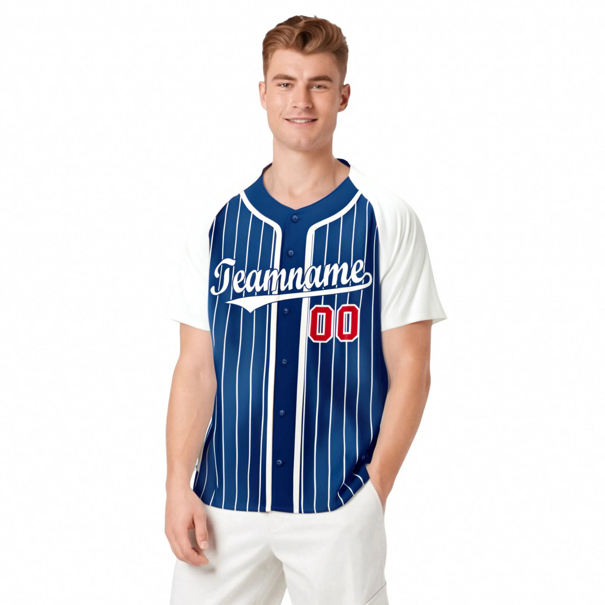 Custom Blue White Pinstripe Red-White Authentic Raglan Sleeves Baseball Jersey
