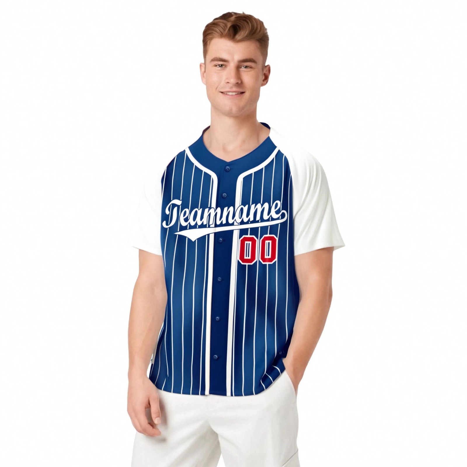 Custom Blue White Pinstripe Red-White Authentic Raglan Sleeves Baseball Jersey