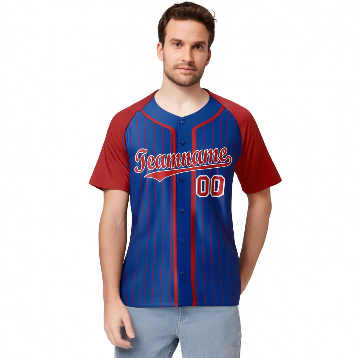 Custom Blue Red Pinstripe Red-White Authentic Raglan Sleeves Baseball Jersey