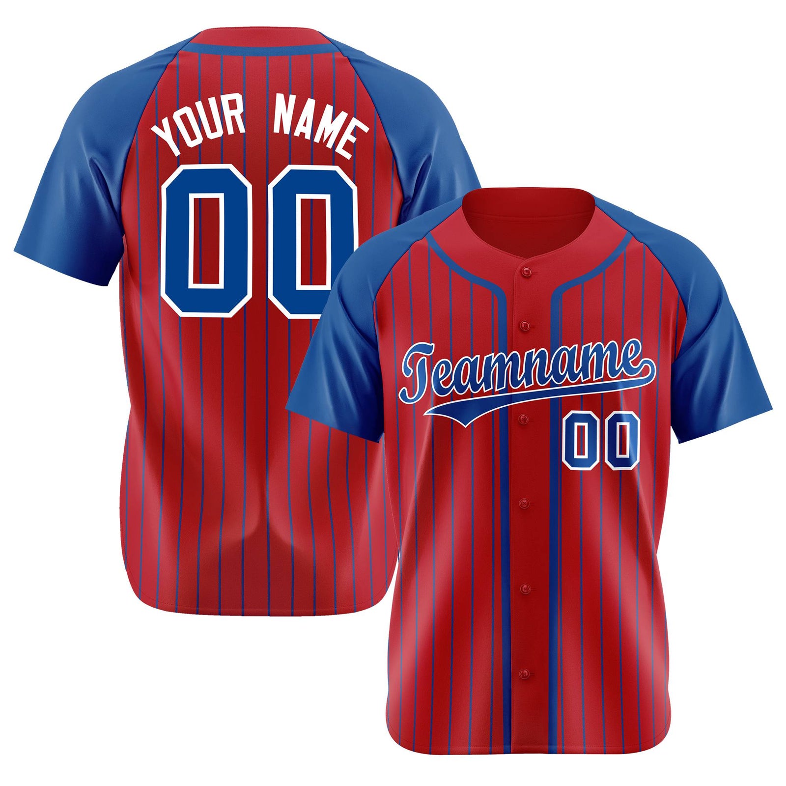 Custom Red Blue Pinstripe Blue-White Authentic Raglan Sleeves Baseball Jersey