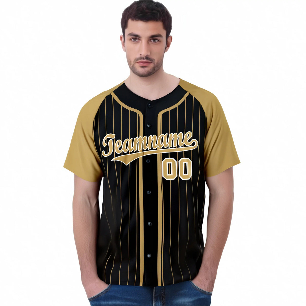Custom Black Brown Pinstripe Brown-White Authentic Raglan Sleeves Baseball Jersey