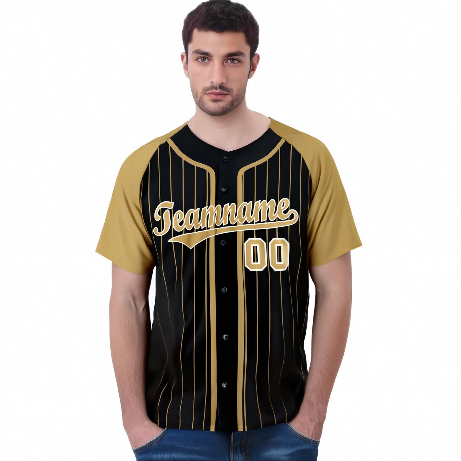 Custom Black Brown Pinstripe Brown-White Authentic Raglan Sleeves Baseball Jersey