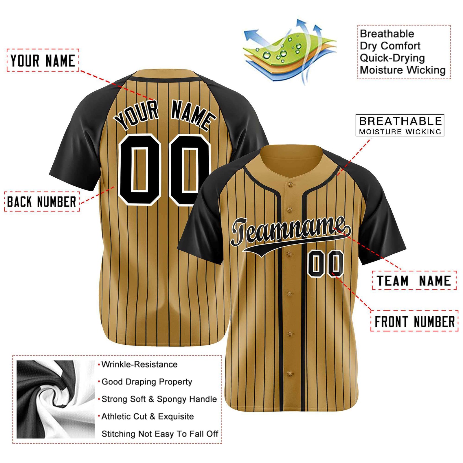 Custom Brown Black Pinstripe Black-White Authentic Raglan Sleeves Baseball Jersey