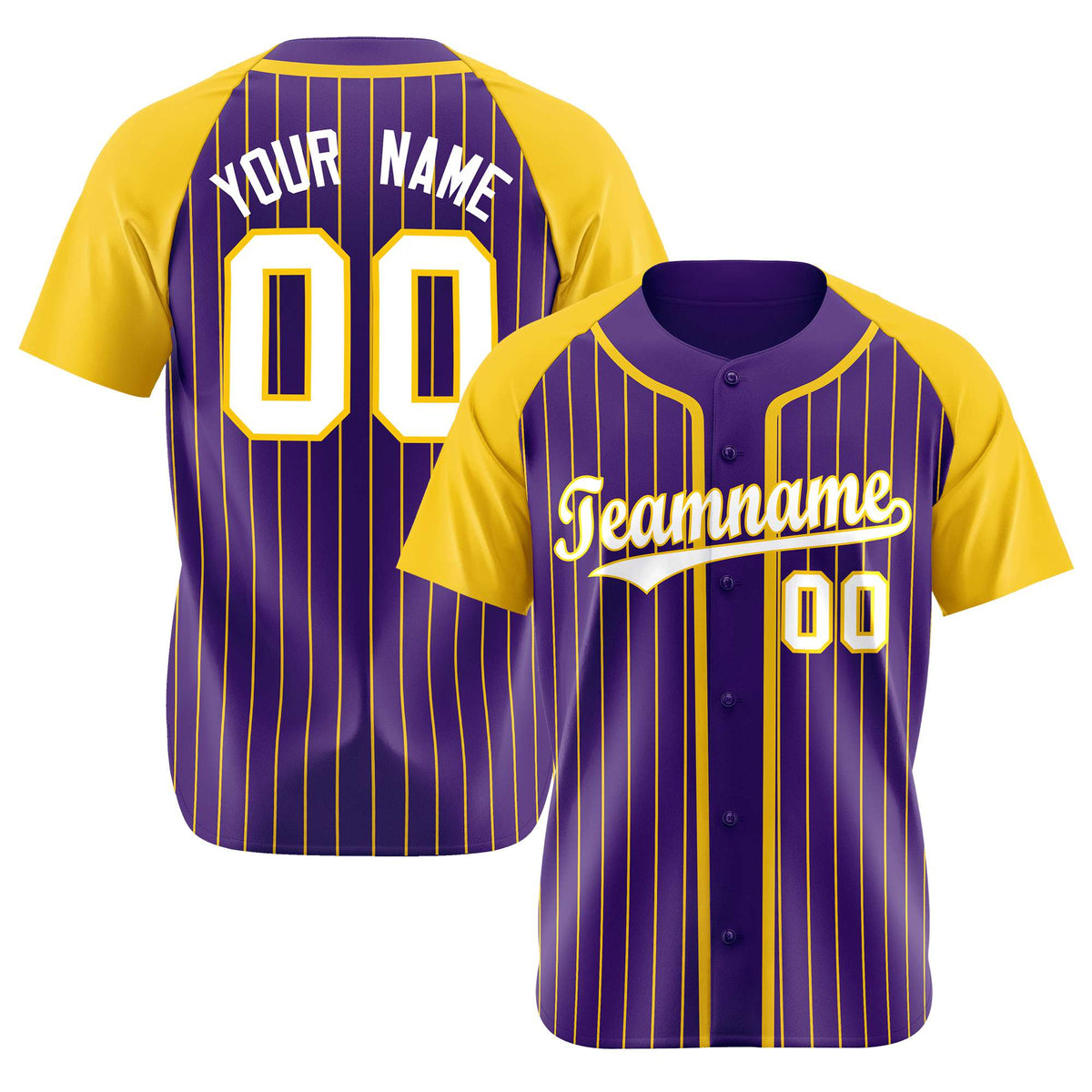 Custom Purple Yellow Pinstripe Yellow-White Authentic Raglan Sleeves Baseball Jersey