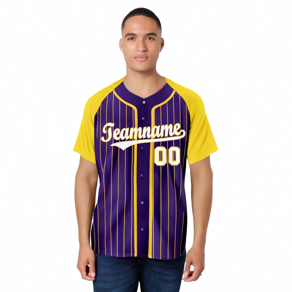 Custom Purple Yellow Pinstripe Yellow-White Authentic Raglan Sleeves Baseball Jersey