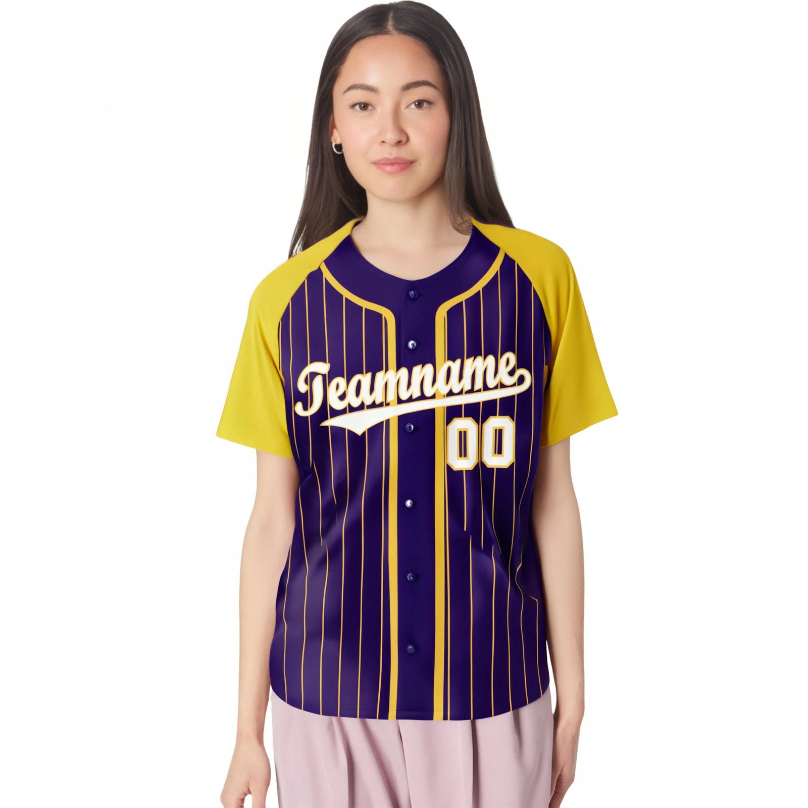 Custom Purple Yellow Pinstripe Yellow-White Authentic Raglan Sleeves Baseball Jersey