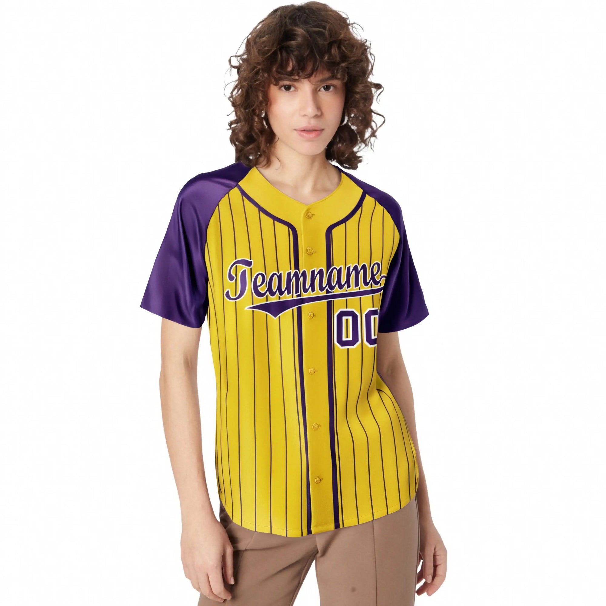 Custom Yellow Purple Pinstripe Purple-White Authentic Raglan Sleeves Baseball Jersey