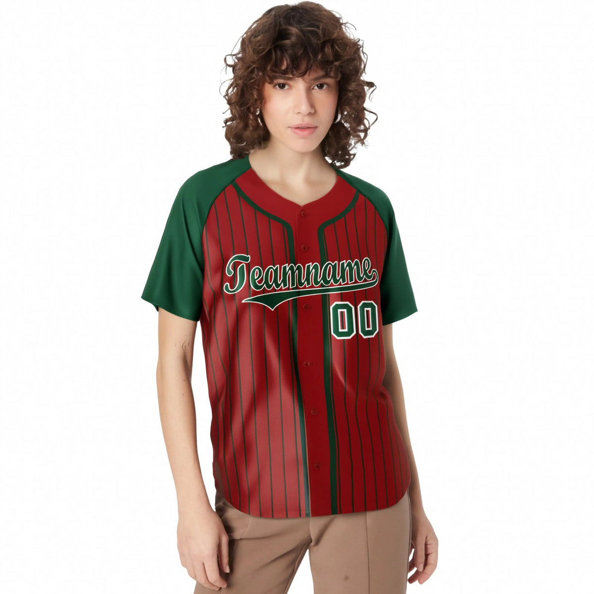 Custom Crimson Green Pinstripe Green-White Authentic Raglan Sleeves Baseball Jersey