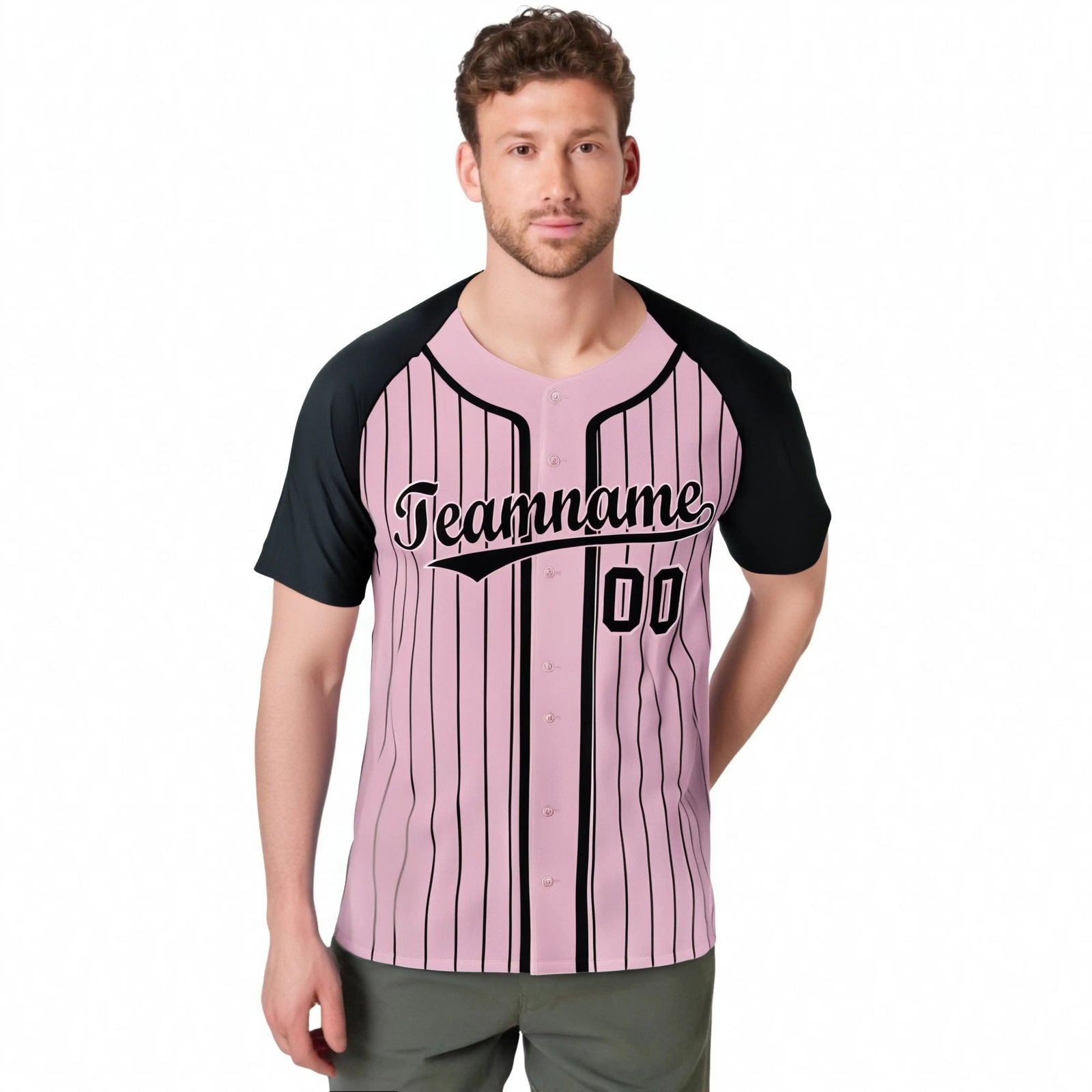 Custom Pink Black Pinstripe Pink-Black Authentic Raglan Sleeves Baseball Jersey