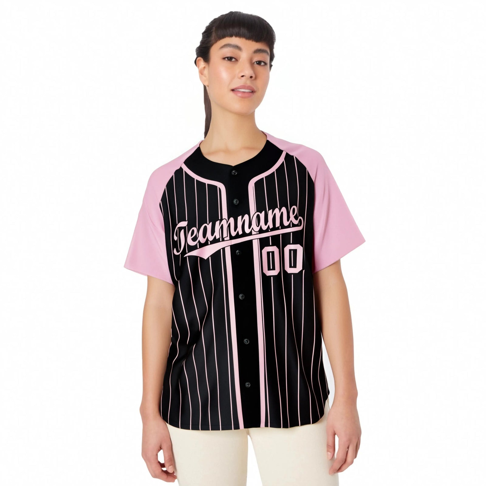 Custom Black Pink Pinstripe Black-Pink Authentic Raglan Sleeves Baseball Jersey