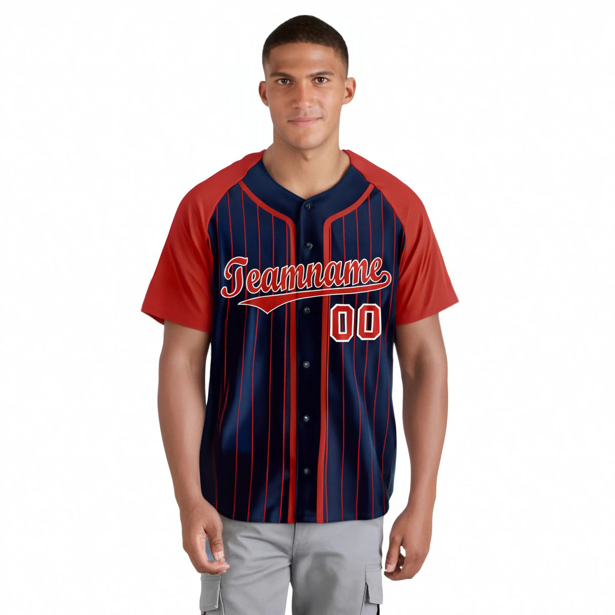 Custom Navy Red Pinstripe Red-White Authentic Raglan Sleeves Baseball Jersey