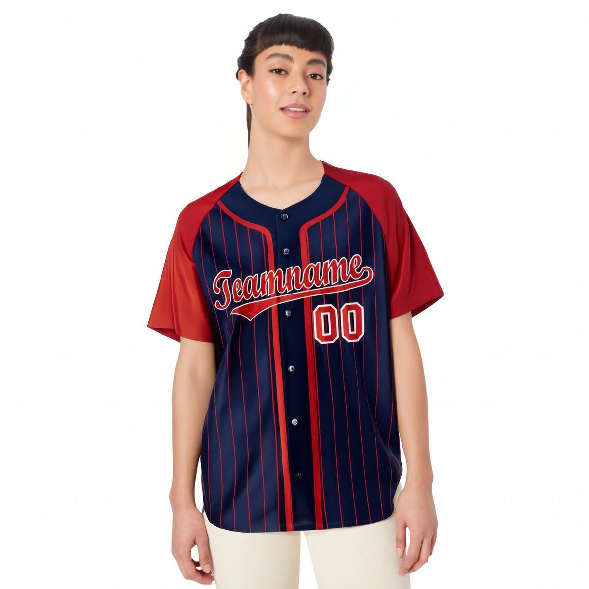 Custom Navy Red Pinstripe Red-White Authentic Raglan Sleeves Baseball Jersey