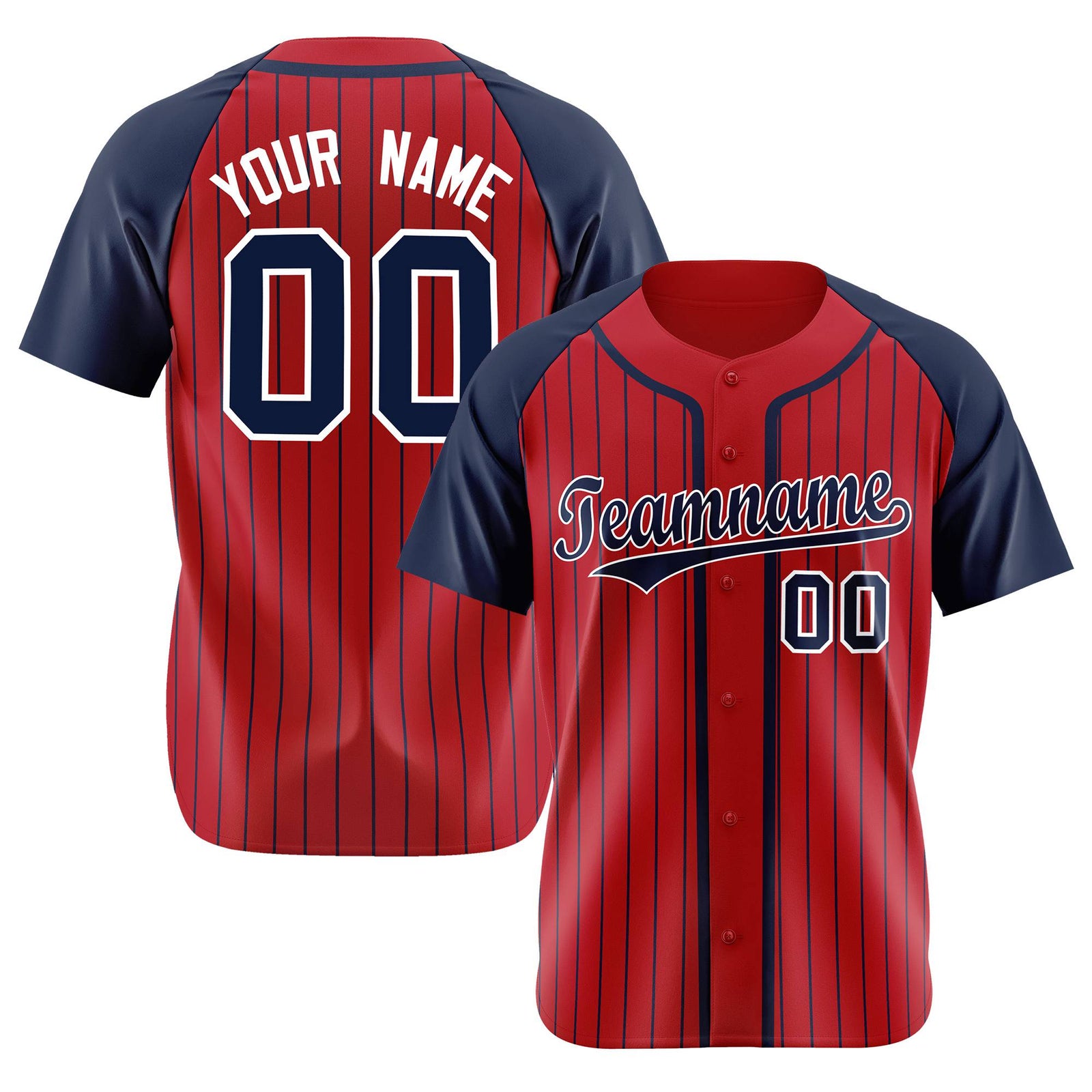 Custom Red Navy Pinstripe Navy-White Authentic Raglan Sleeves Baseball Jersey