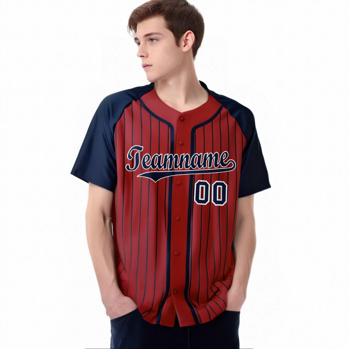 Custom Red Navy Pinstripe Navy-White Authentic Raglan Sleeves Baseball Jersey
