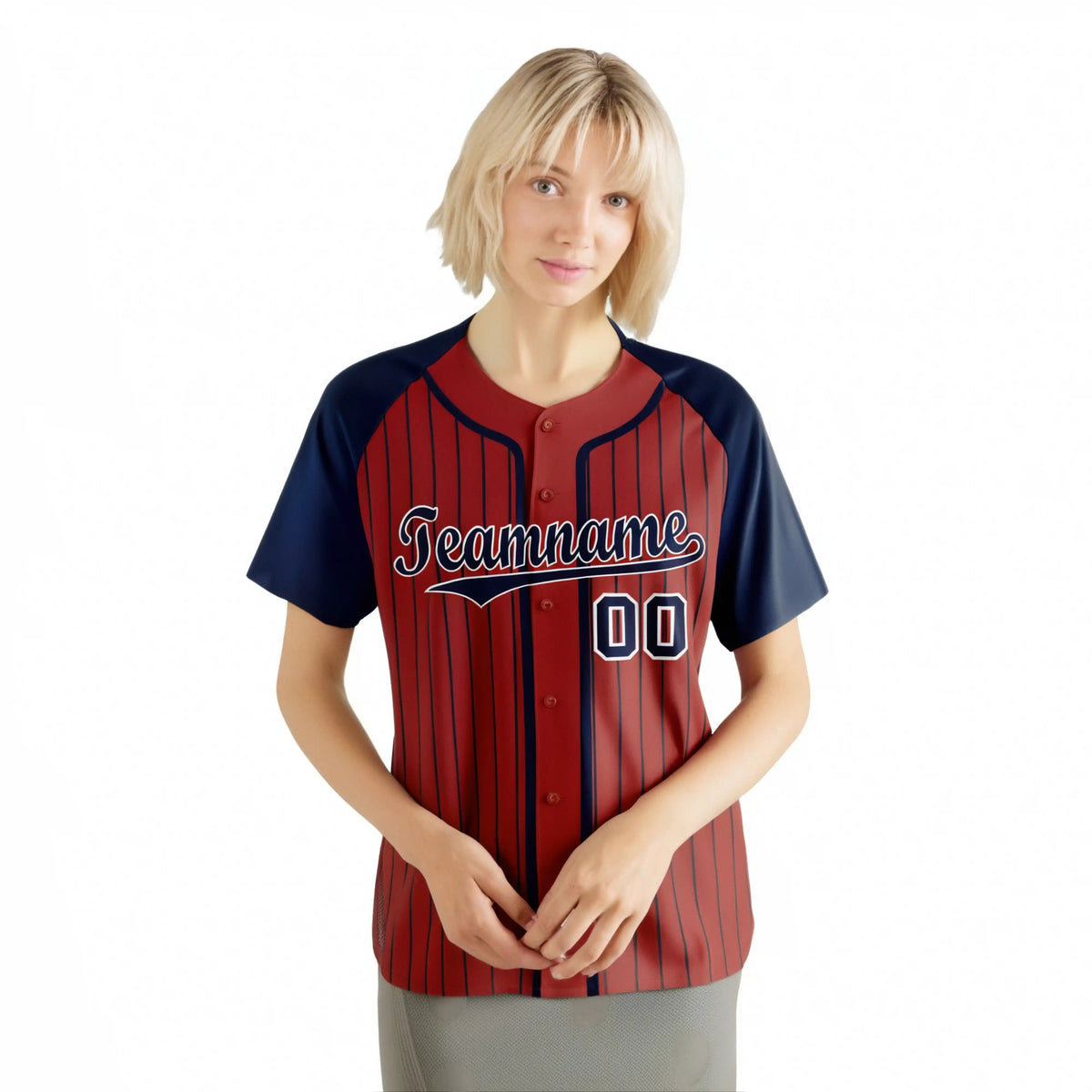 Custom Red Navy Pinstripe Navy-White Authentic Raglan Sleeves Baseball Jersey