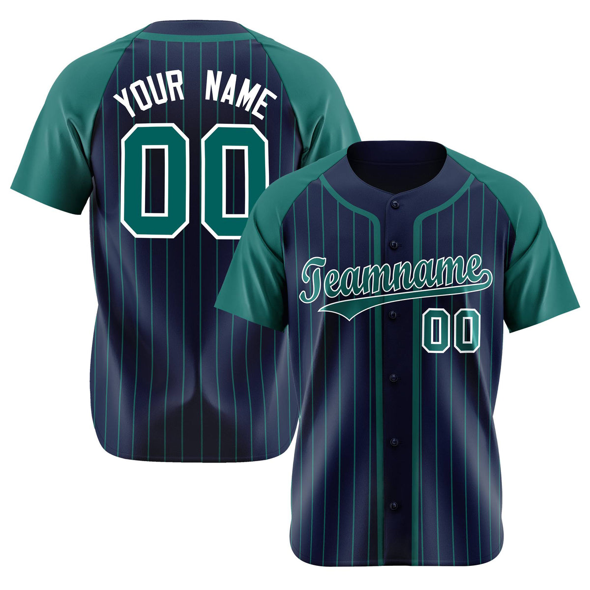 Custom Navy Green Pinstripe Green-White Authentic Raglan Sleeves Baseball Jersey