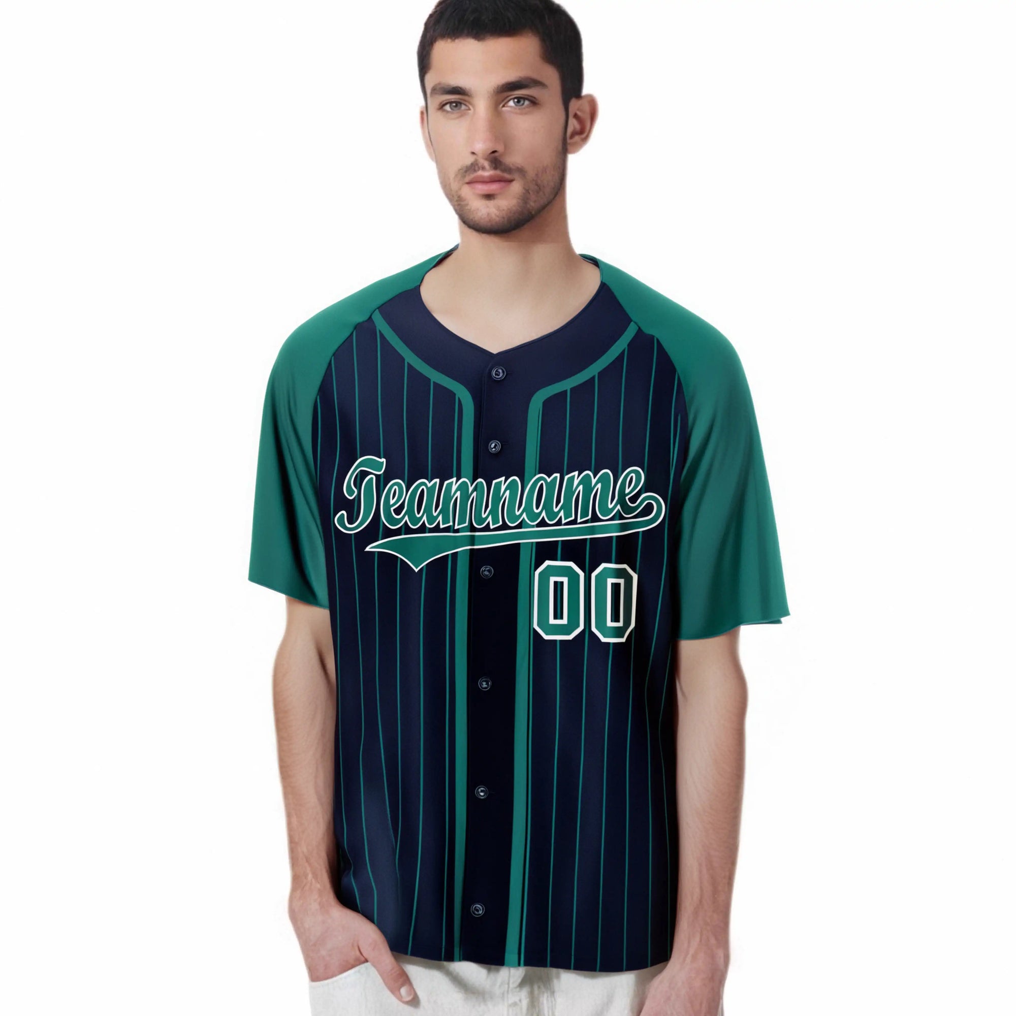 Custom Navy Green Pinstripe Green-White Authentic Raglan Sleeves Baseball Jersey