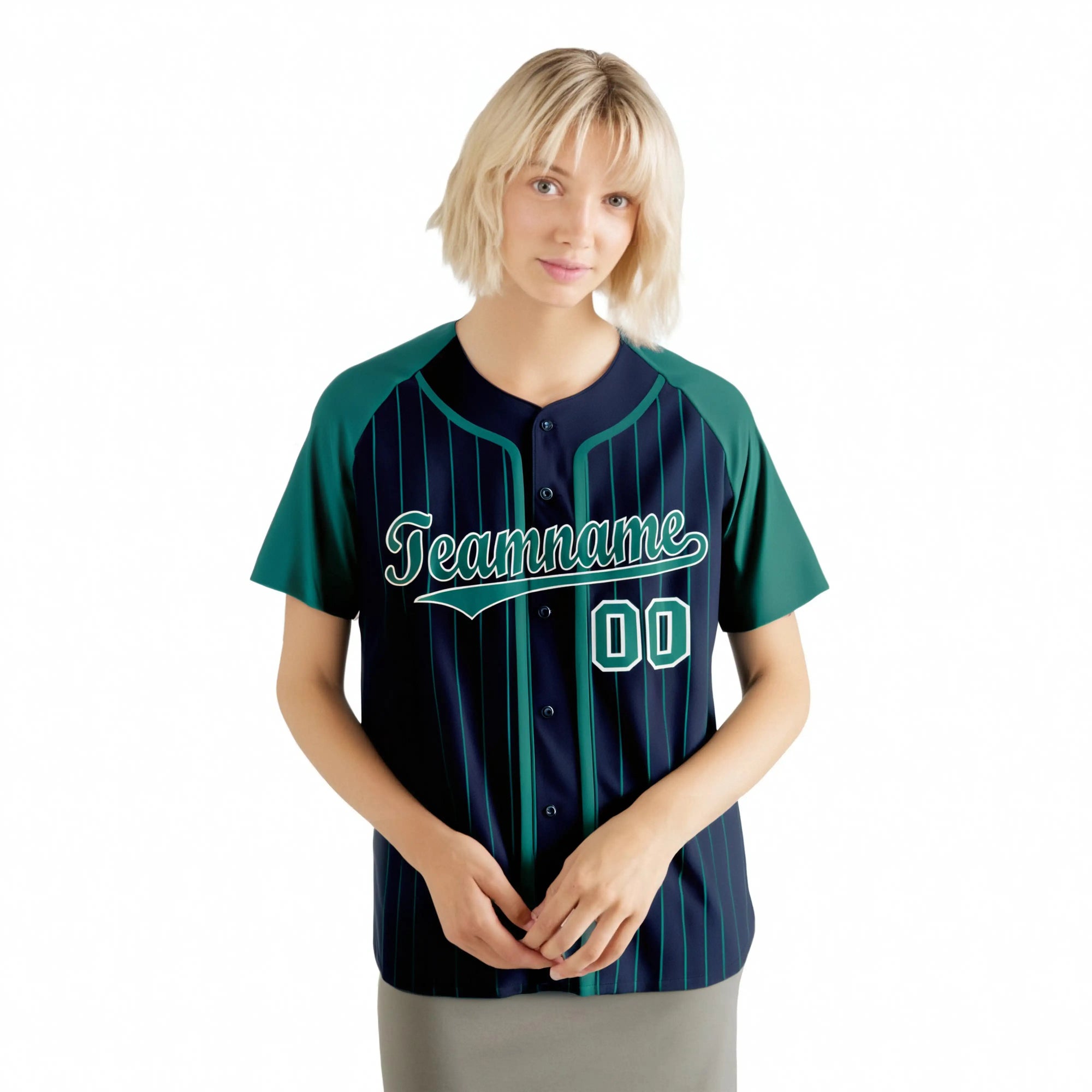 Custom Navy Green Pinstripe Green-White Authentic Raglan Sleeves Baseball Jersey