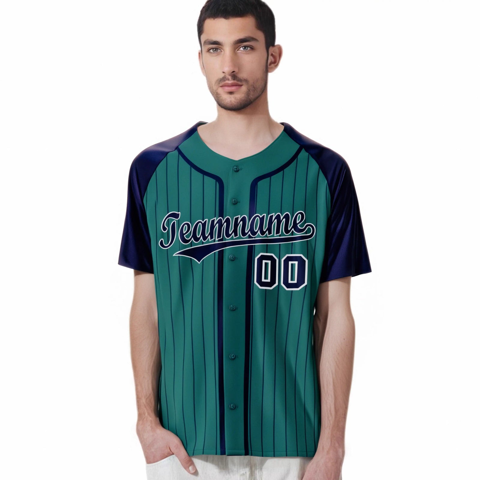 Custom Green Navy Pinstripe Navy-White Authentic Raglan Sleeves Baseball Jersey