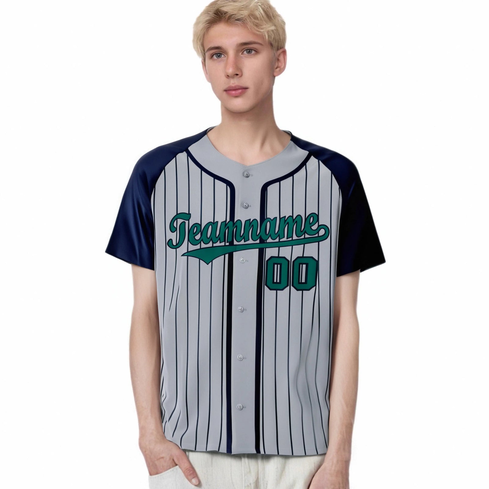 Custom Gray Navy Pinstripe Green-Navy Authentic Raglan Sleeves Baseball Jersey