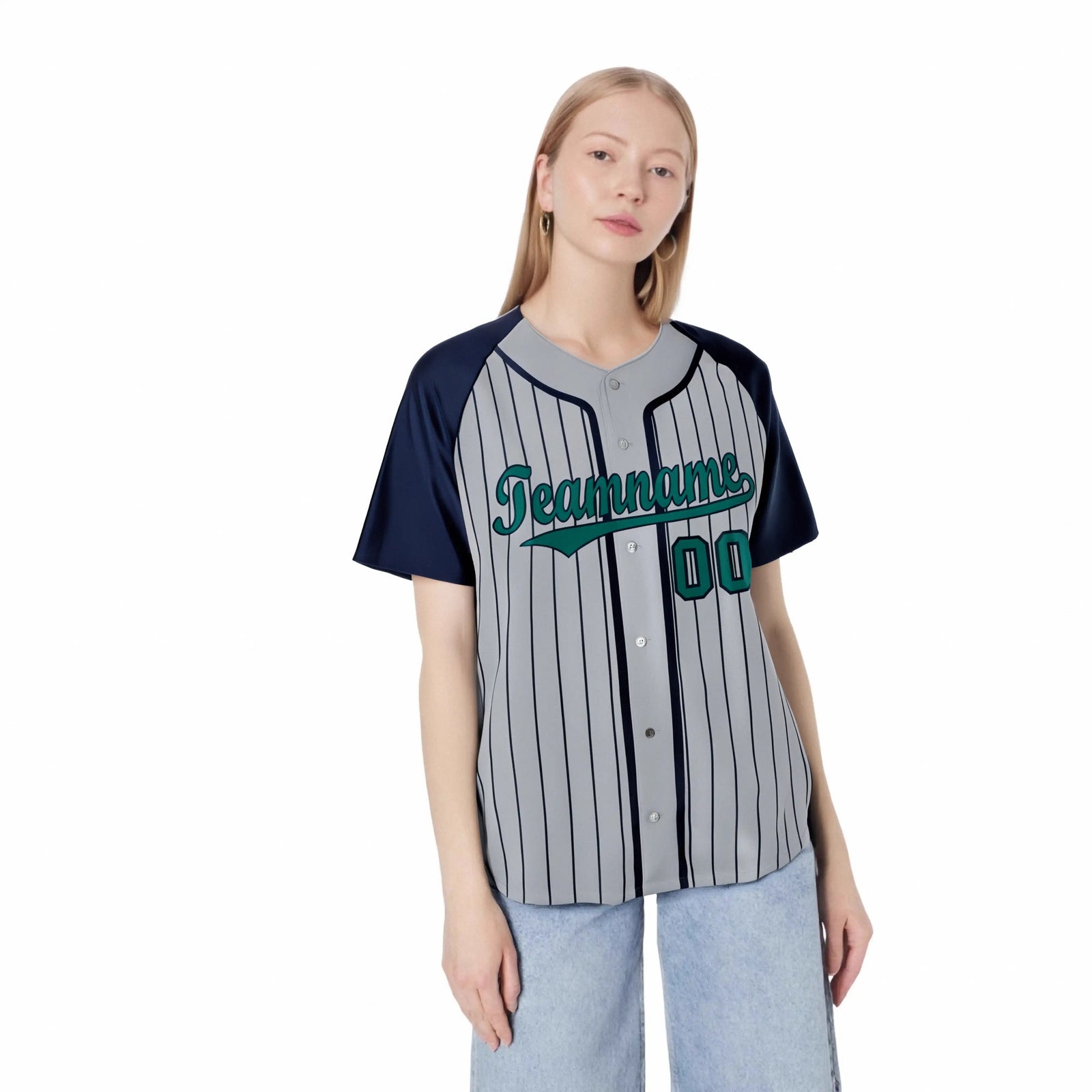 Custom Gray Navy Pinstripe Green-Navy Authentic Raglan Sleeves Baseball Jersey