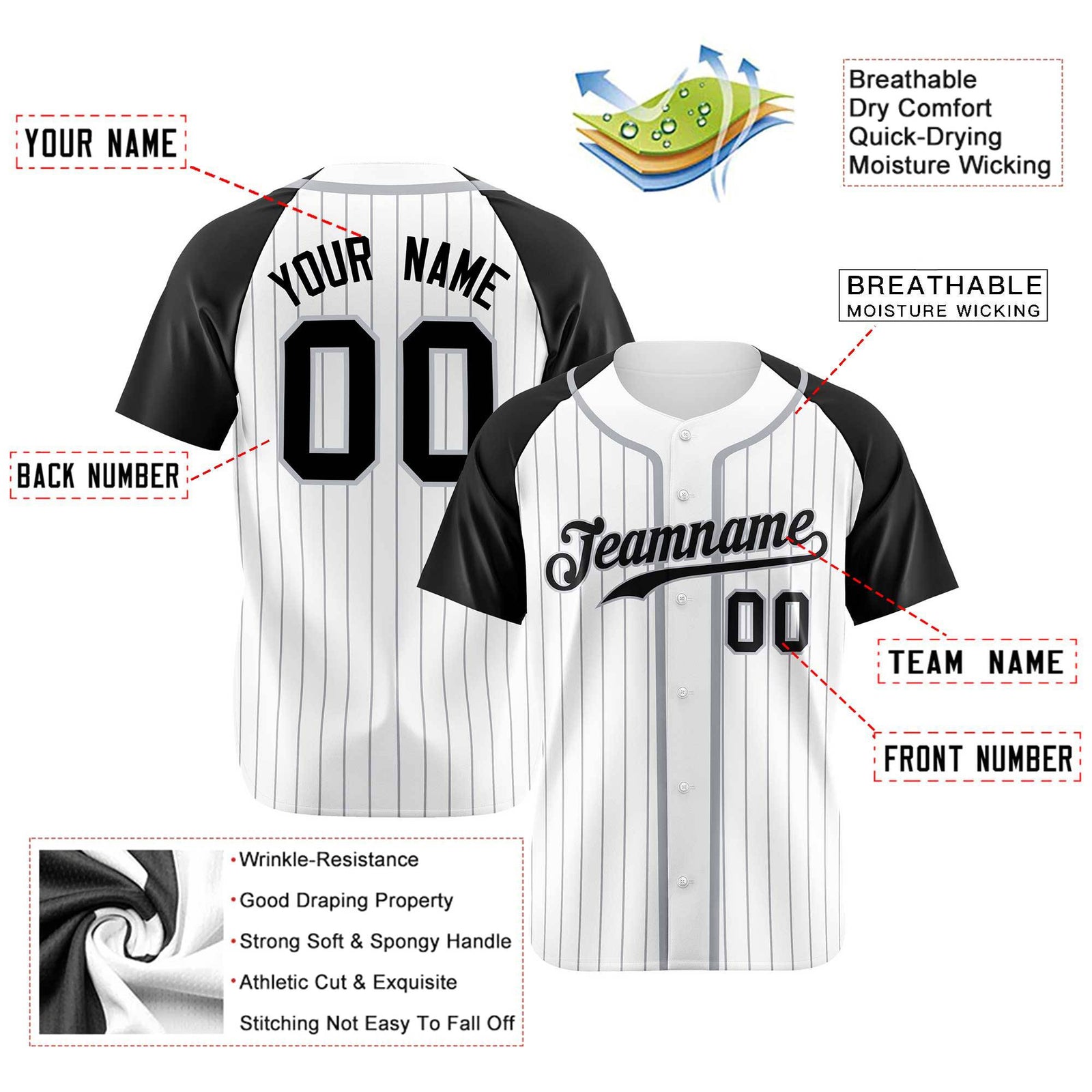 Custom White Black Pinstripe Gray-White Authentic Raglan Sleeves Baseball Jersey