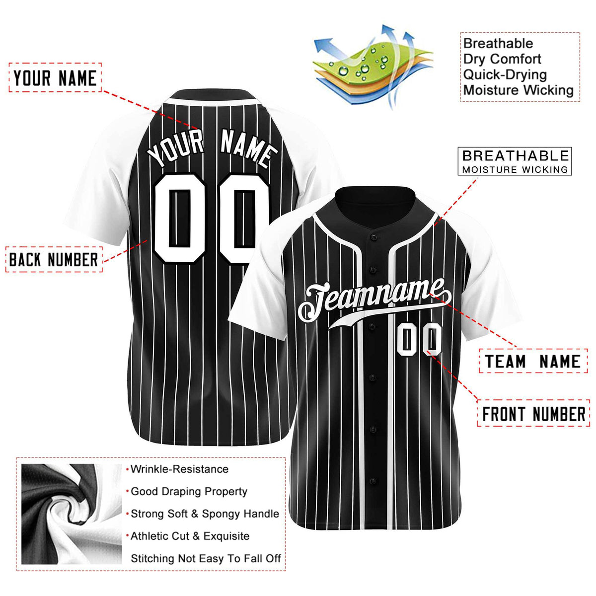 Custom Black White Pinstripe Gray-White Authentic Raglan Sleeves Baseball Jersey