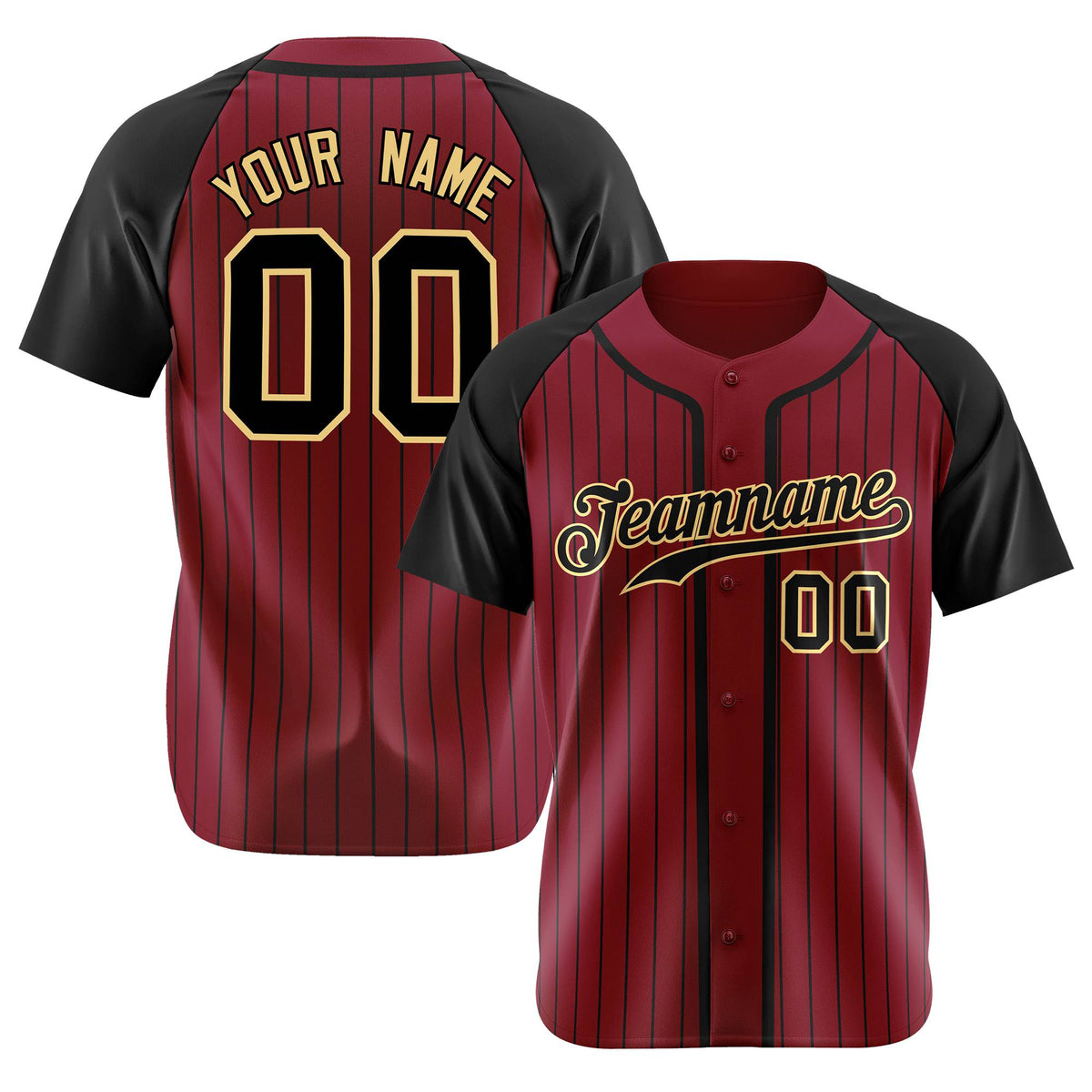 Custom Burgundy Black Pinstripe Black-Yellow Authentic Raglan Sleeves Baseball Jersey