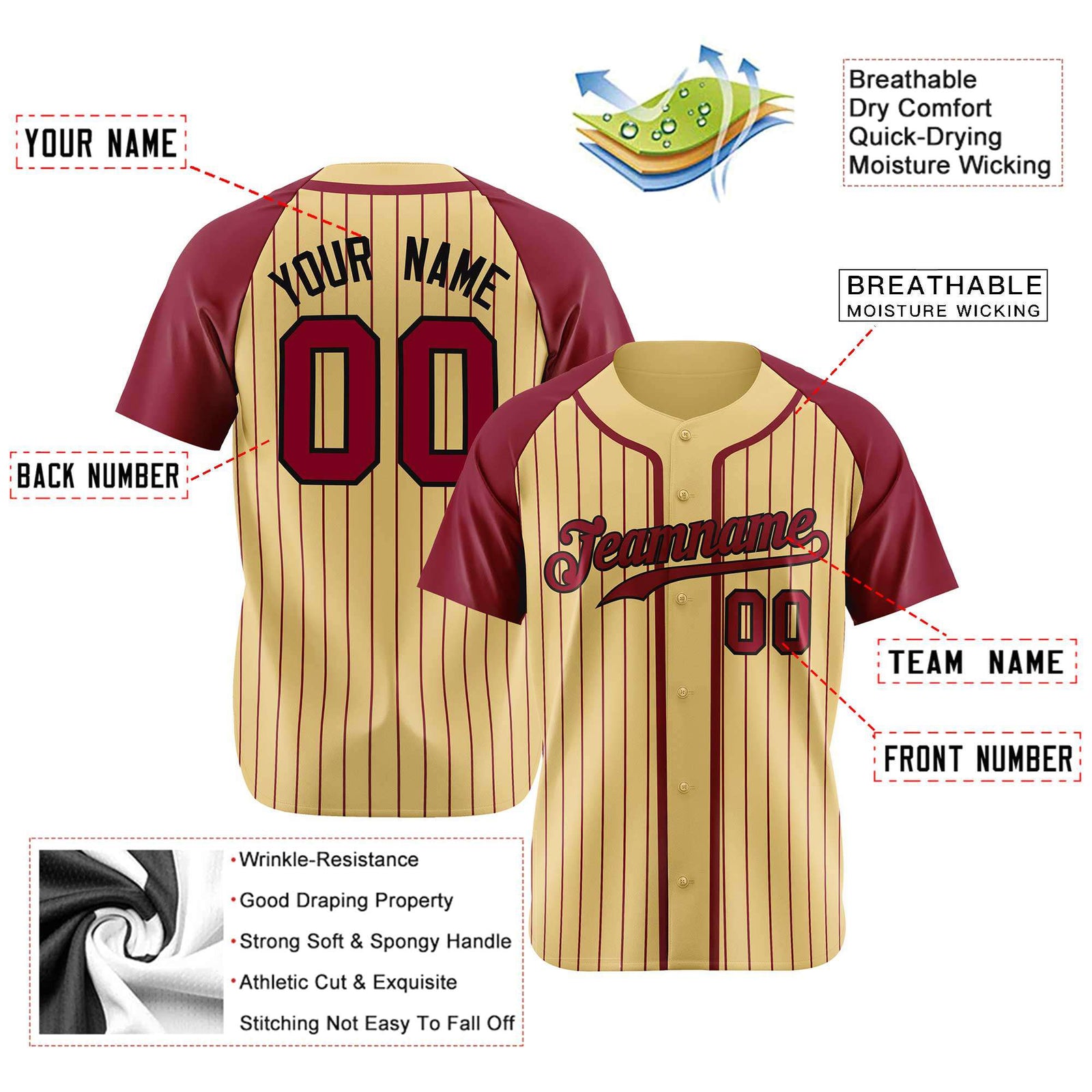 Custom Cream Burgundy Pinstripe Burgundy-Black Authentic Raglan Sleeves Baseball Jersey