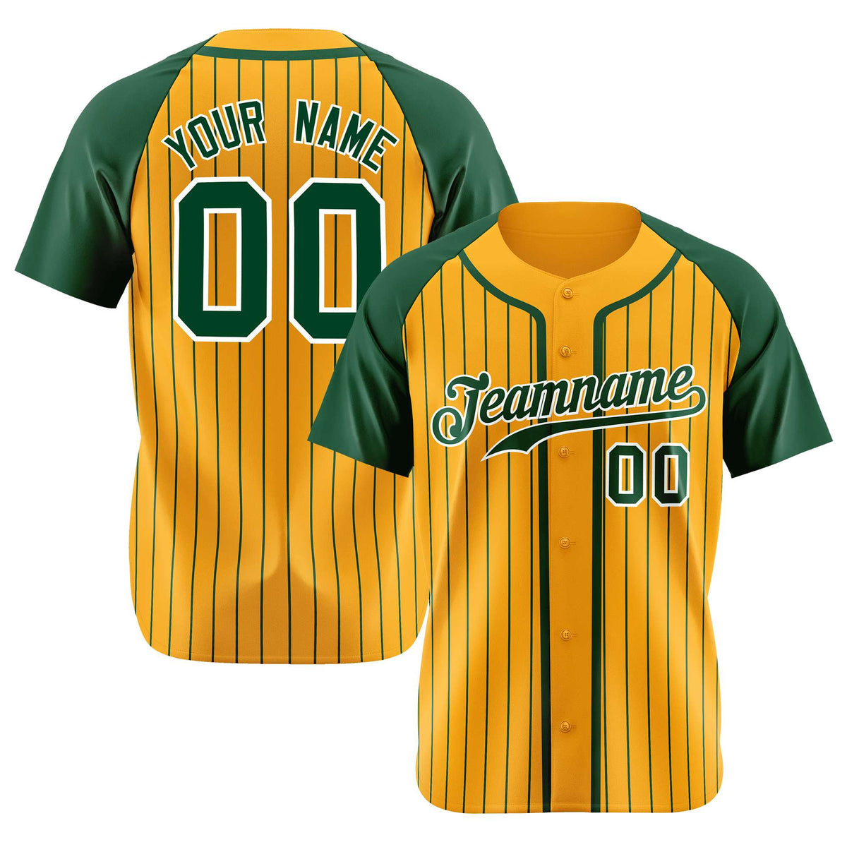 Custom Old Gold Kelly Green Pinstripe Kelly Green White Authentic Raglan Sleeves Baseball Jersey