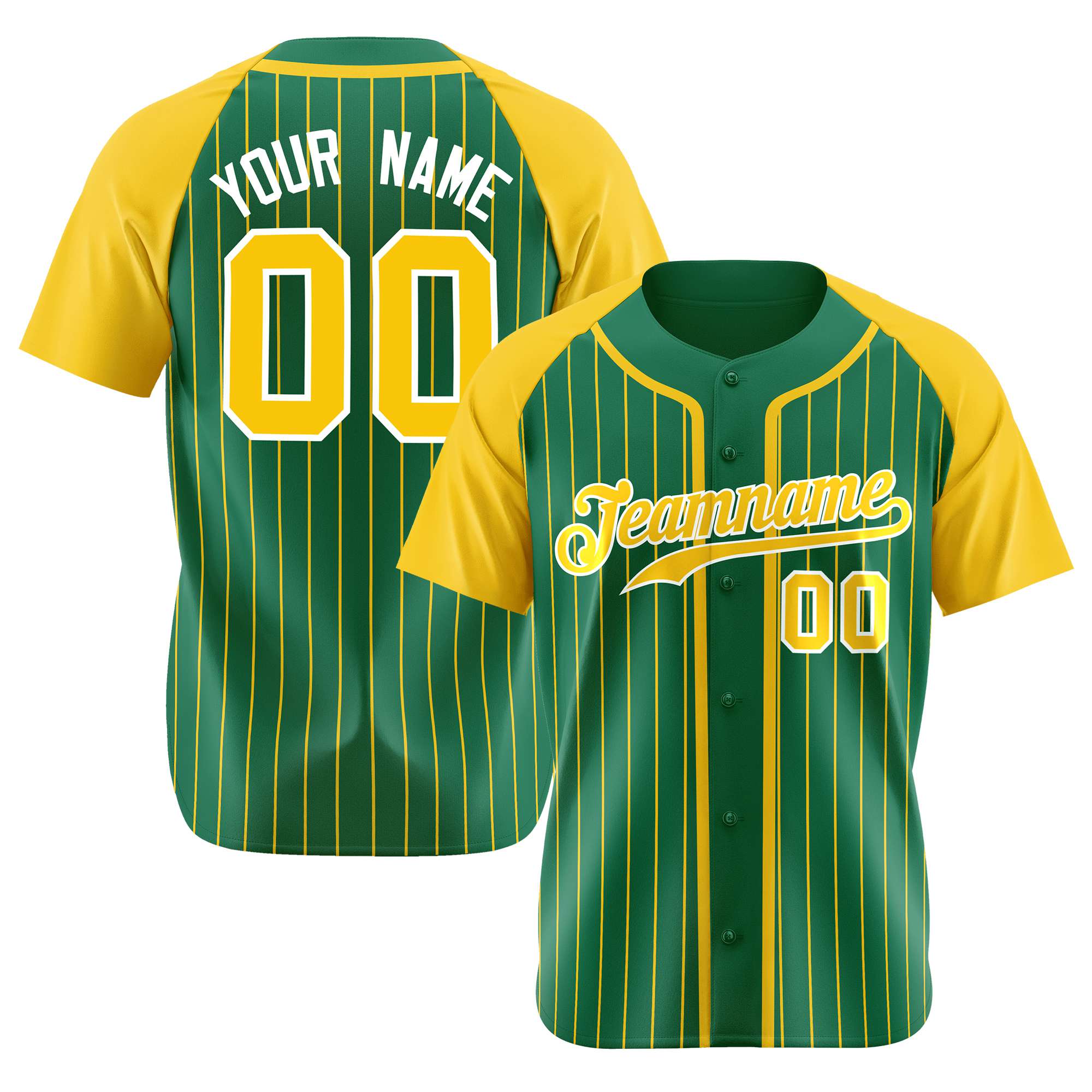 Custom Kelly Green Yellow Pinstripe Yellow-White Authentic Raglan Sleeves Baseball Jersey