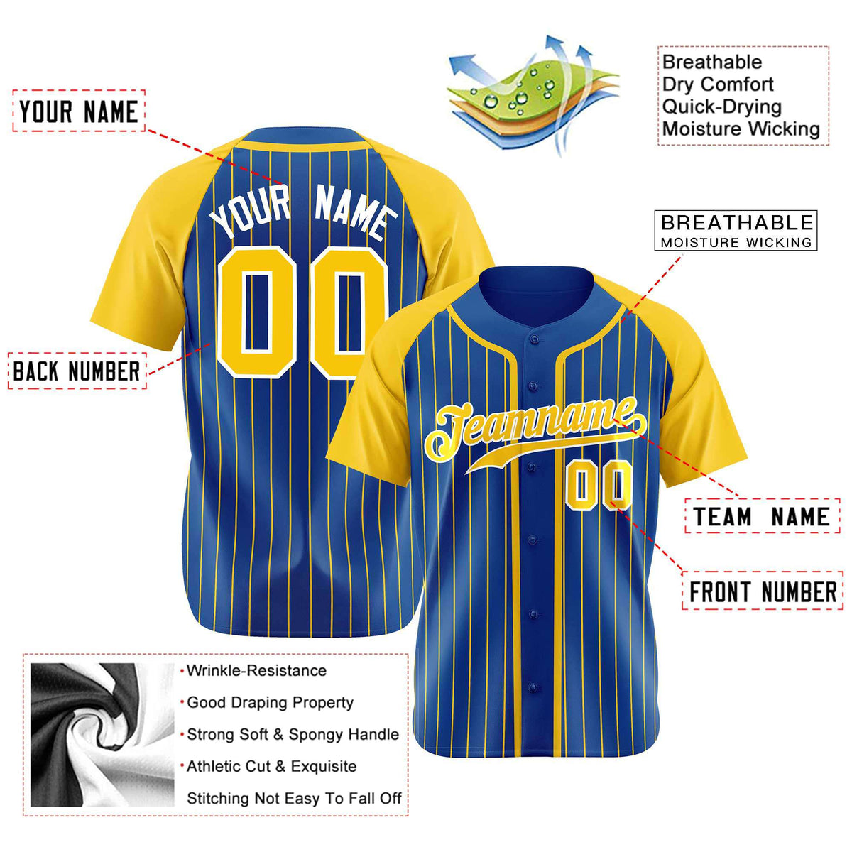 Custom Blue Yellow Pinstripe Yellow-White Authentic Raglan Sleeves Baseball Jersey