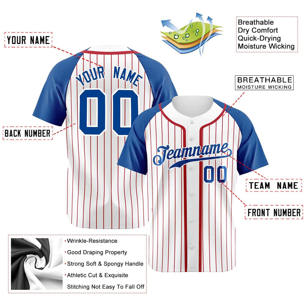 Custom White Blue Pinstripe Blue-Crimson Authentic Raglan Sleeves Baseball Jersey