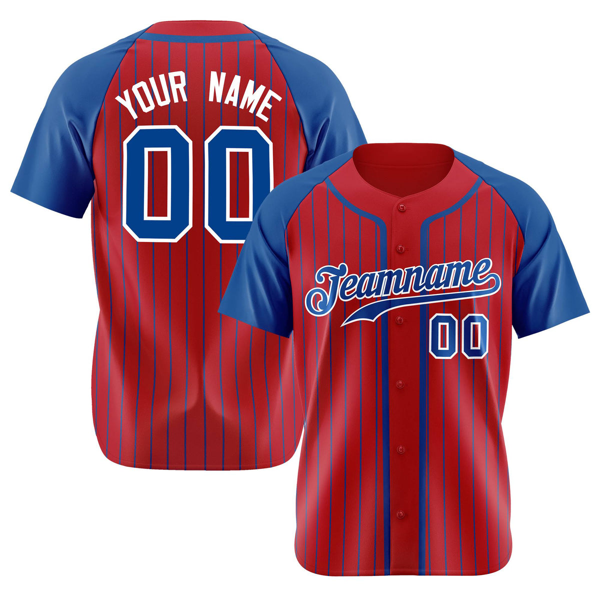 Custom Red Blue Pinstripe Blue-White Authentic Raglan Sleeves Baseball Jersey