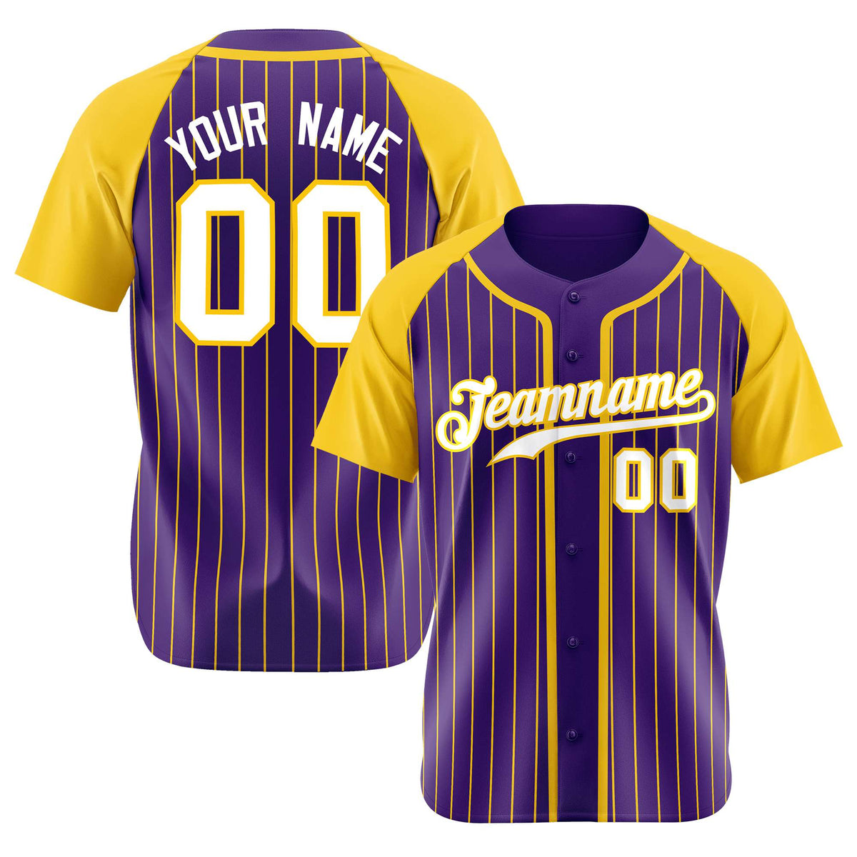 Custom Purple Yellow Pinstripe Yellow-White Authentic Raglan Sleeves Baseball Jersey