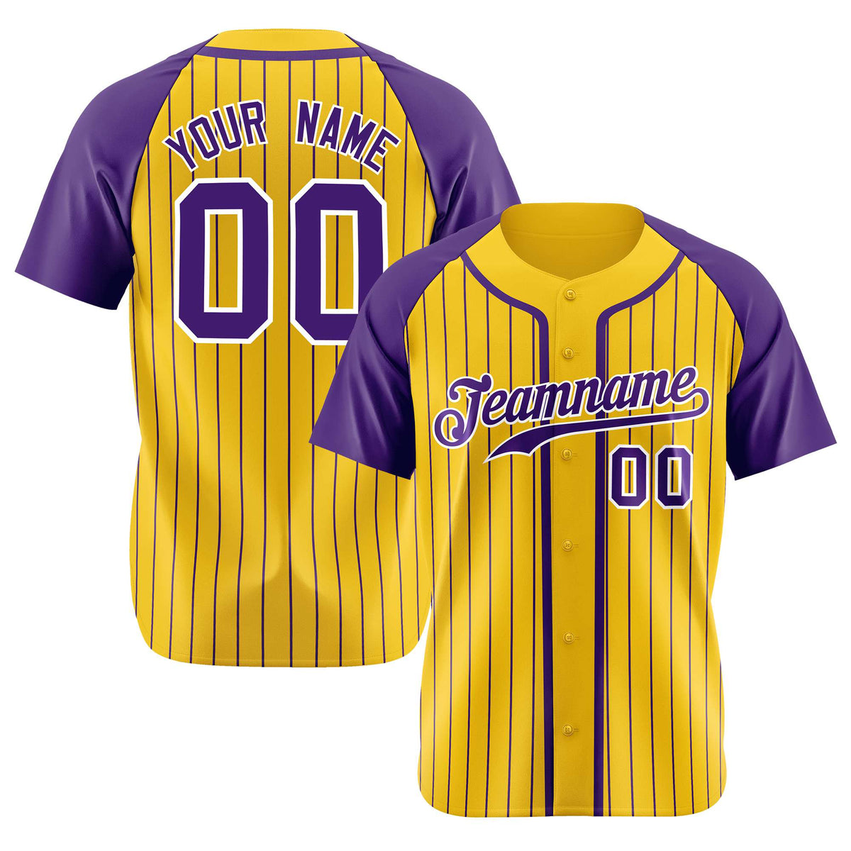 Custom Yellow Purple Pinstripe Purple-White Authentic Raglan Sleeves Baseball Jersey