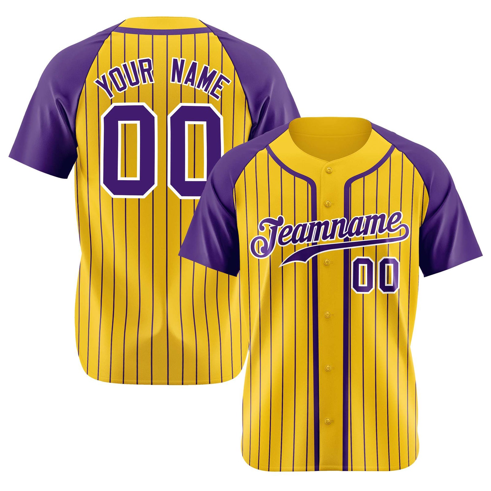 Custom Yellow Purple Pinstripe Purple-White Authentic Raglan Sleeves Baseball Jersey