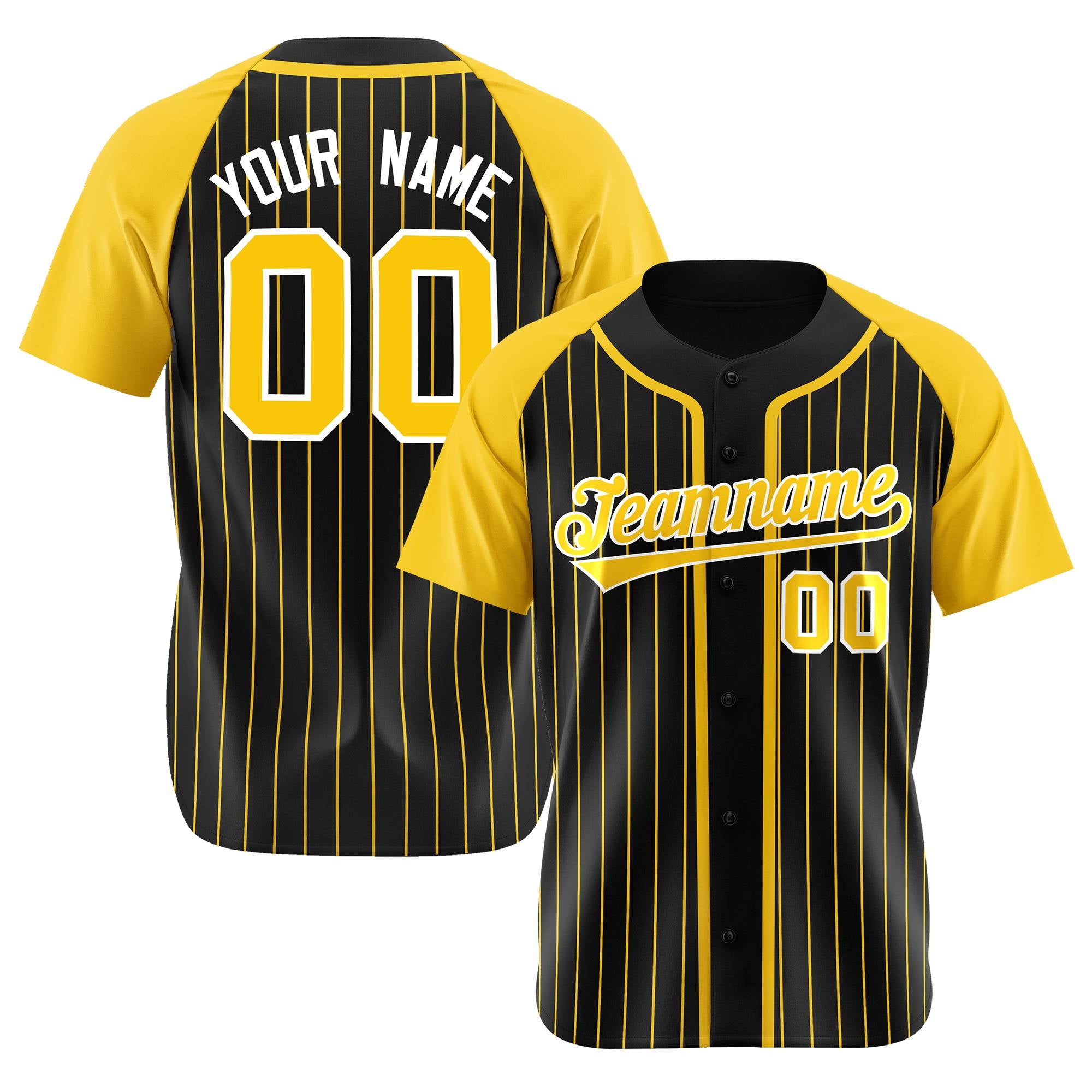 Custom Black Yellow Pinstripe Yellow-White Authentic Raglan Sleeves Baseball Jersey