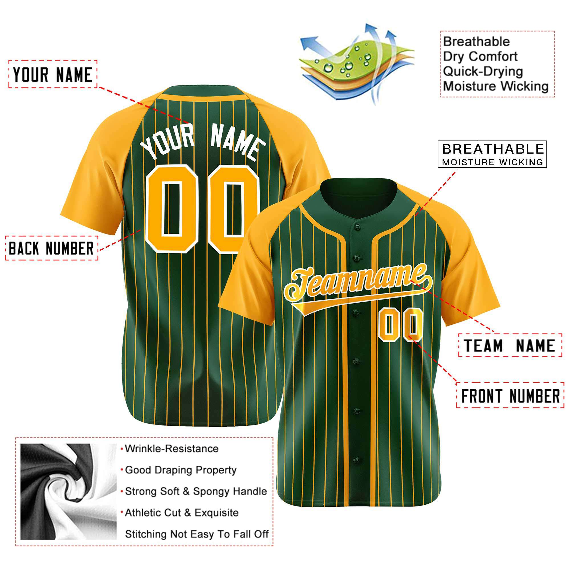 Custom Midnight Green Yellow Pinstripe Yellow-White Authentic Raglan Sleeves Baseball Jersey