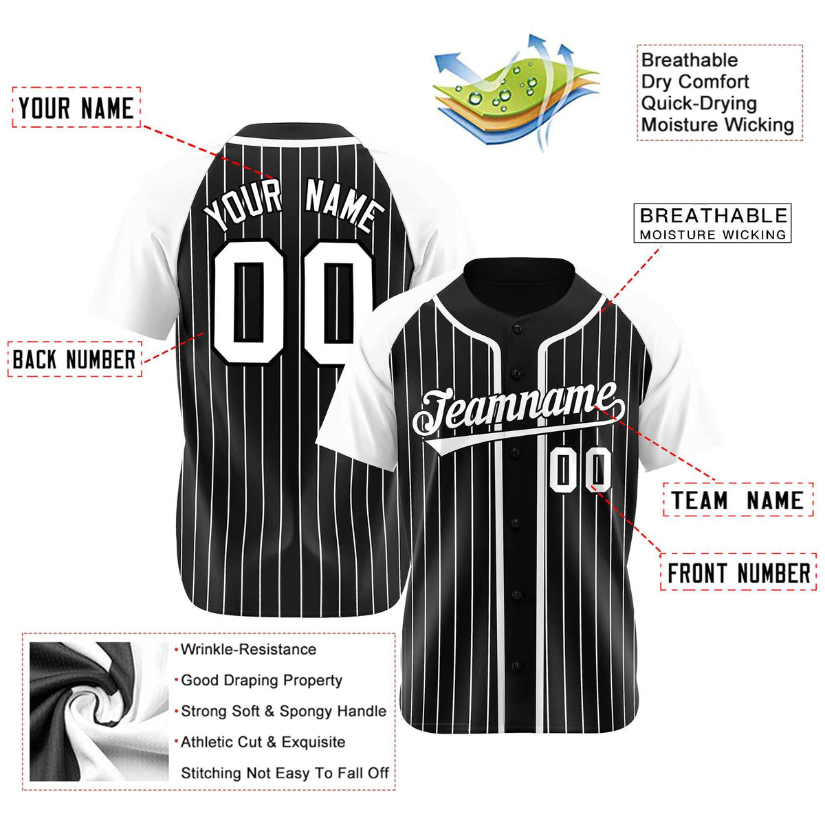 Custom Black White Pinstripe Gray-White Authentic Raglan Sleeves Baseball Jersey