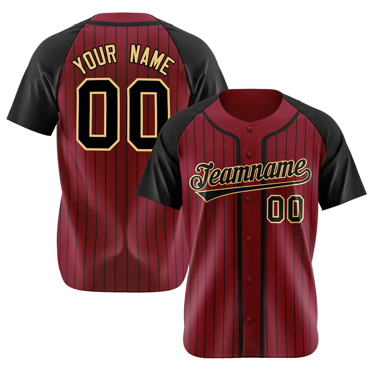 Custom Burgundy Black Pinstripe Black-Yellow Authentic Raglan Sleeves Baseball Jersey
