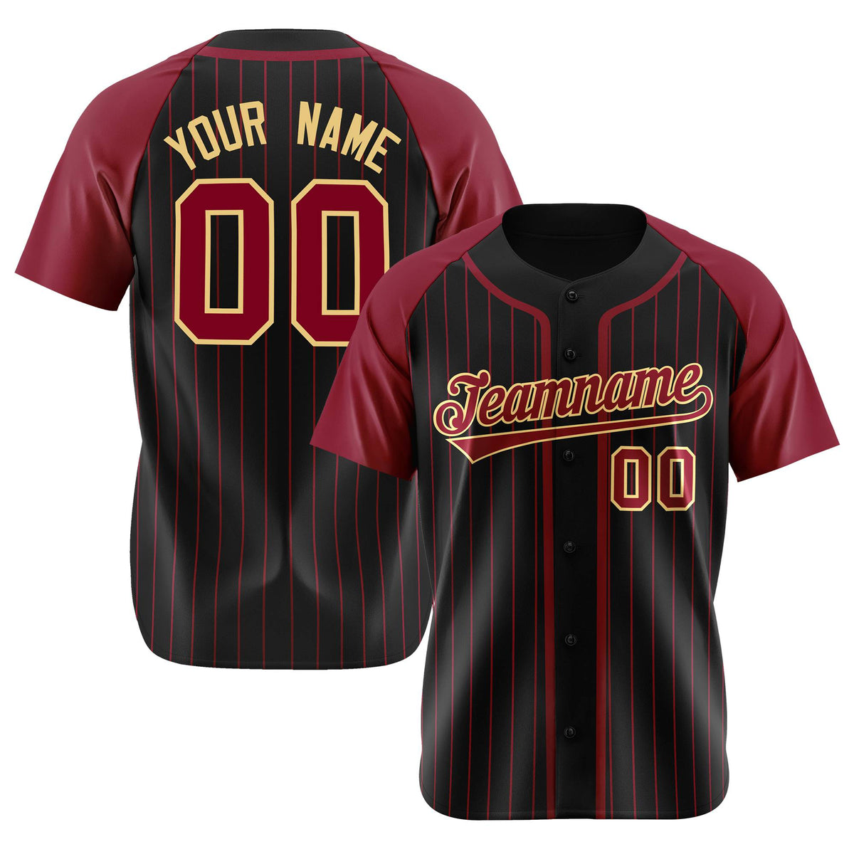 Custom Black Burgundy Pinstripe Burgundy-Yellow Authentic Raglan Sleeves Baseball Jersey