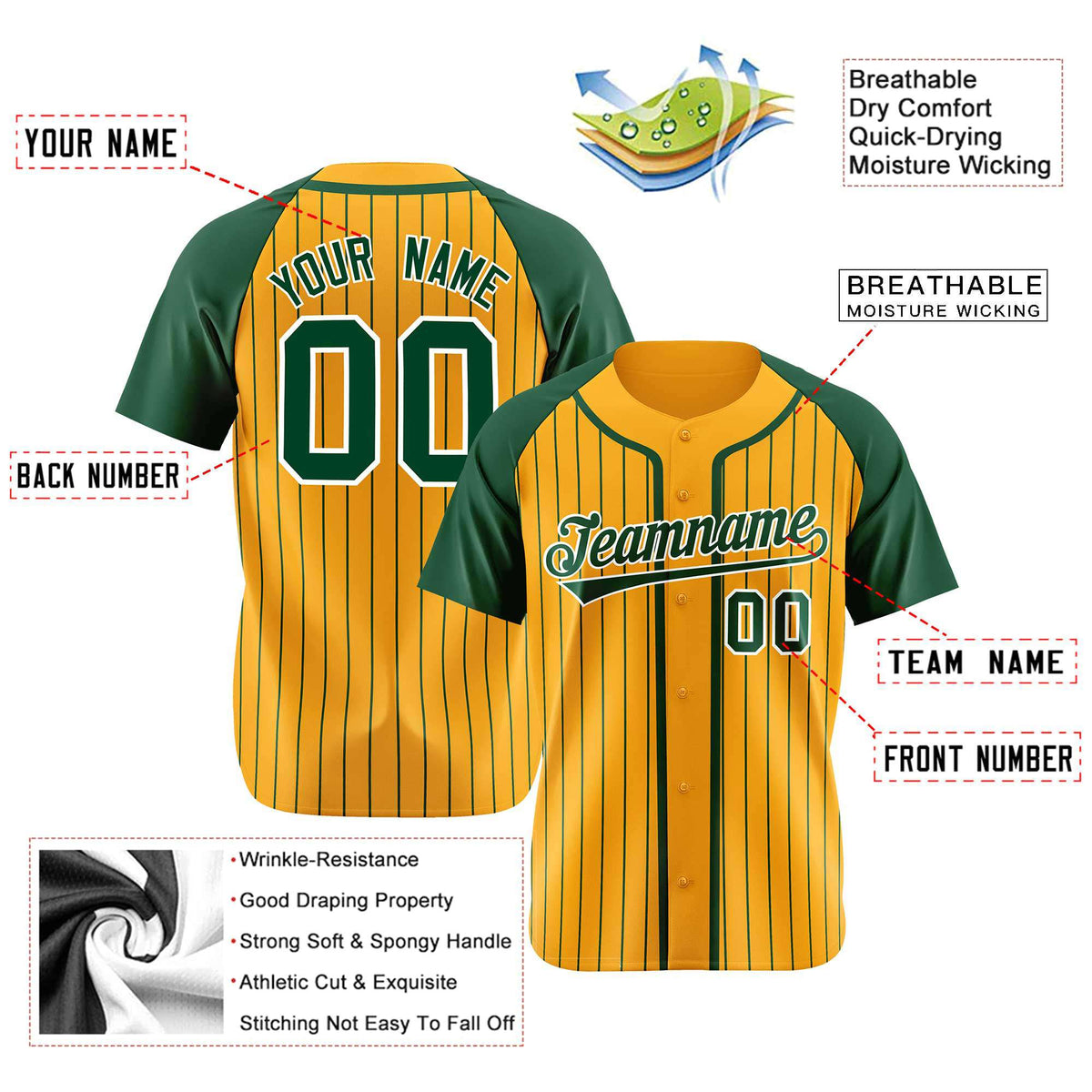 Custom Old Gold Kelly Green Pinstripe Kelly Green White Authentic Raglan Sleeves Baseball Jersey