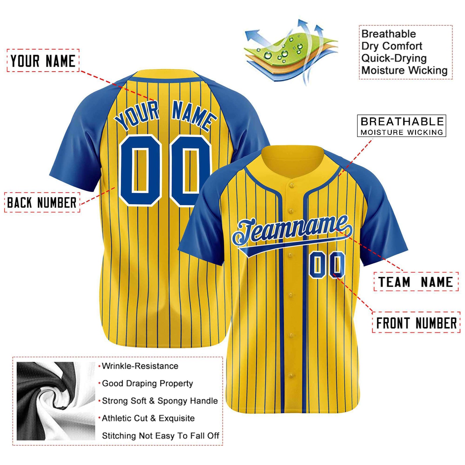 Custom Yellow Blue Pinstripe Blue-White Authentic Raglan Sleeves Baseball Jersey