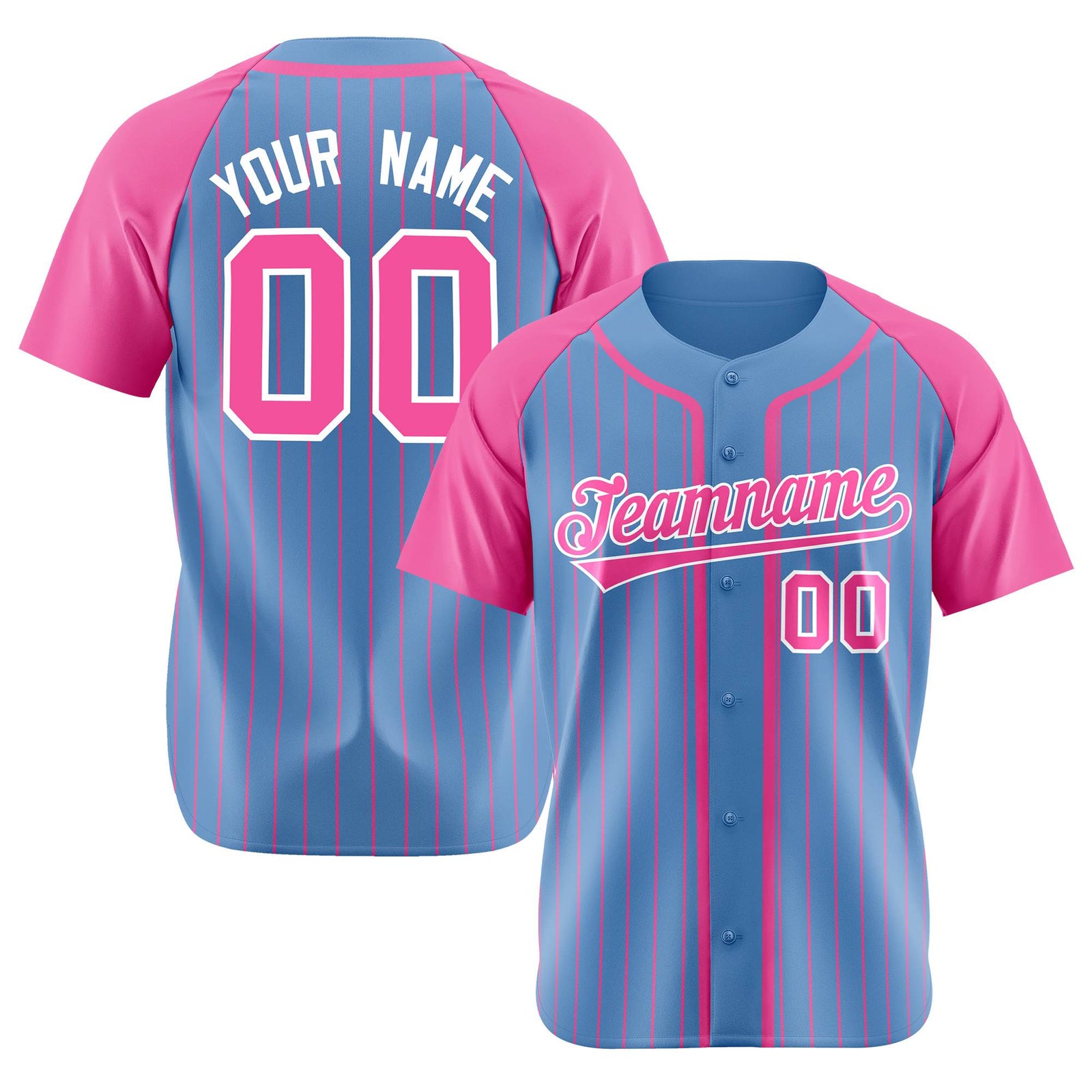 Custom Powder Blue Pink Pinstripe Pink-White Authentic Raglan Sleeves Baseball Jersey