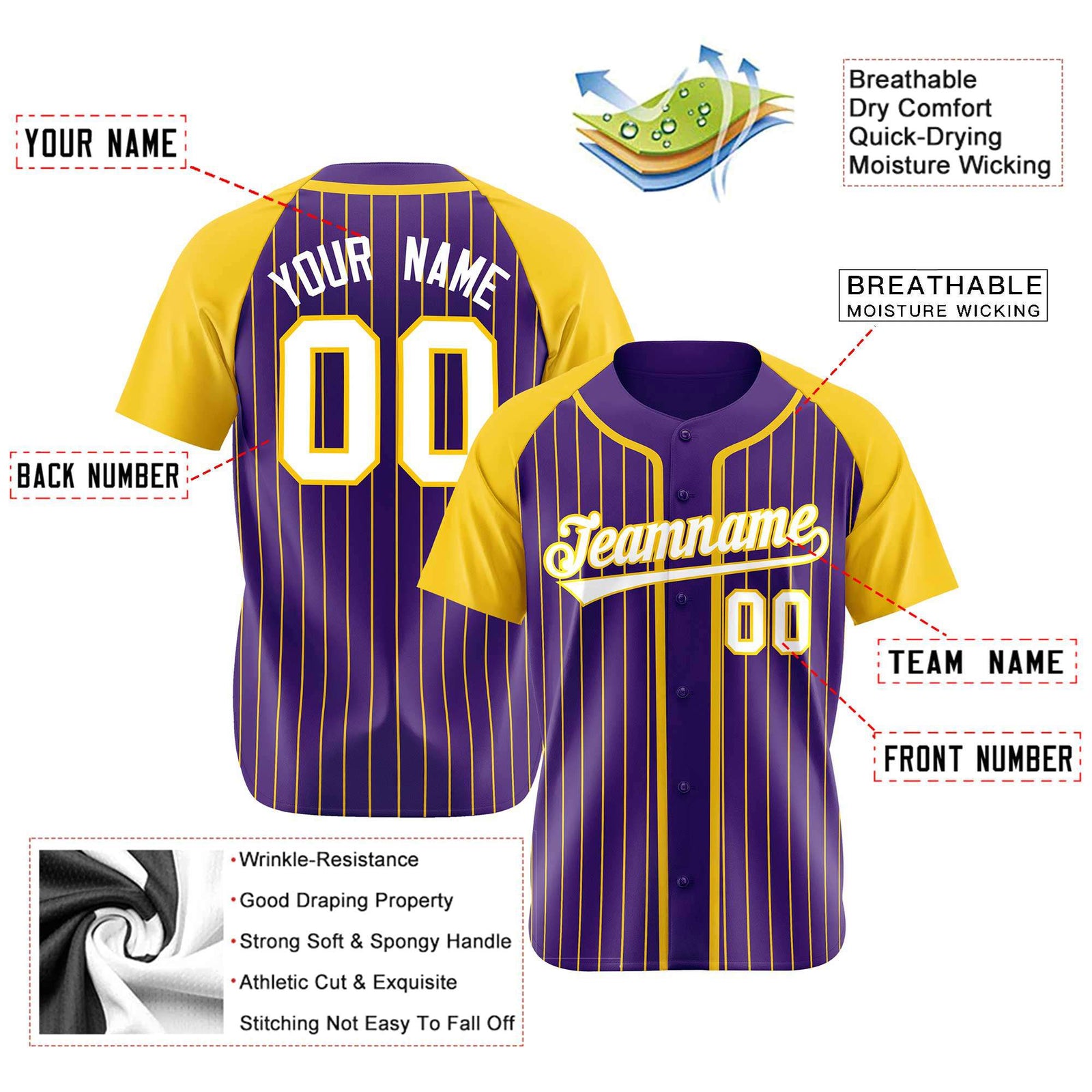 Custom Purple Yellow Pinstripe Yellow-White Authentic Raglan Sleeves Baseball Jersey