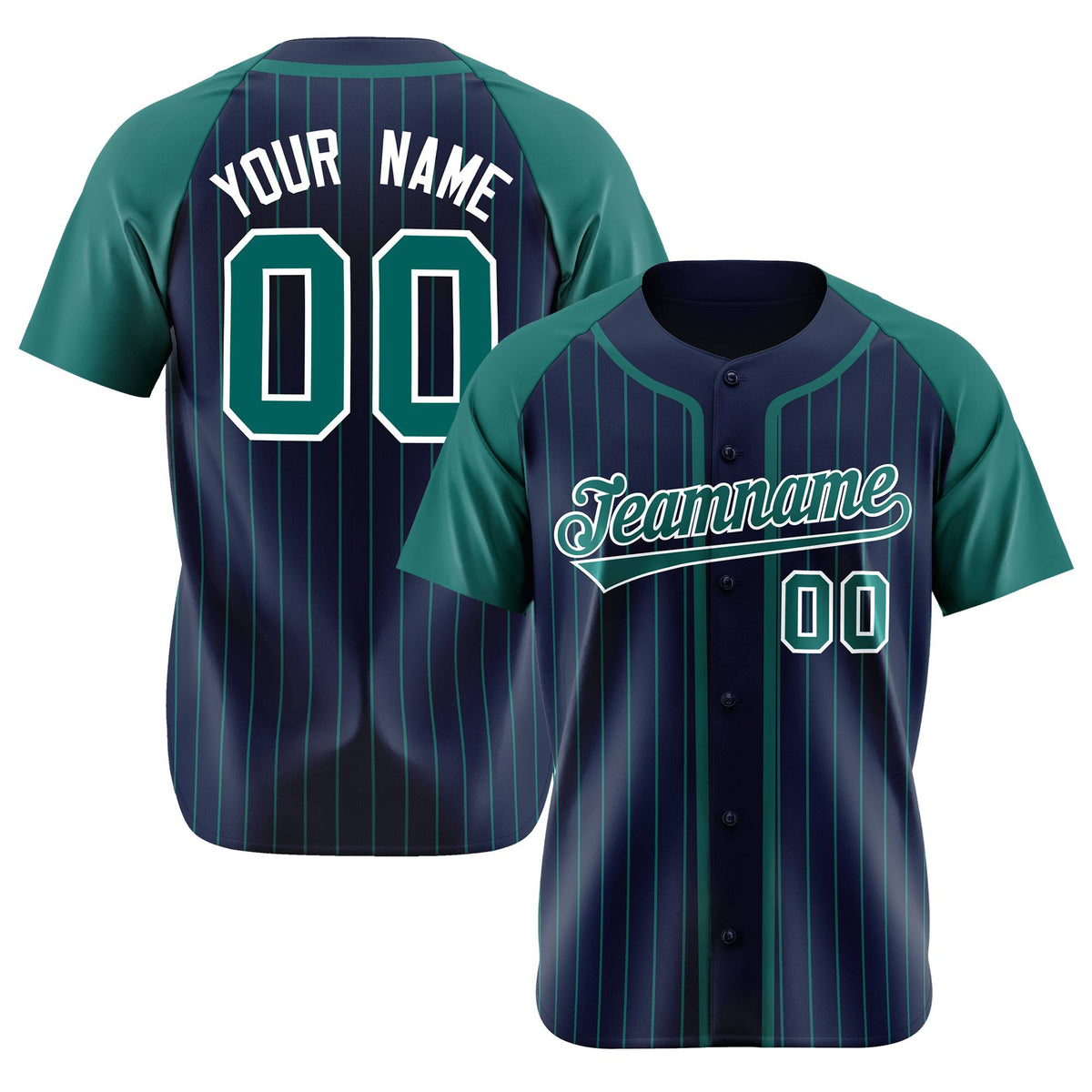 Custom Navy Green Pinstripe Green-White Authentic Raglan Sleeves Baseball Jersey