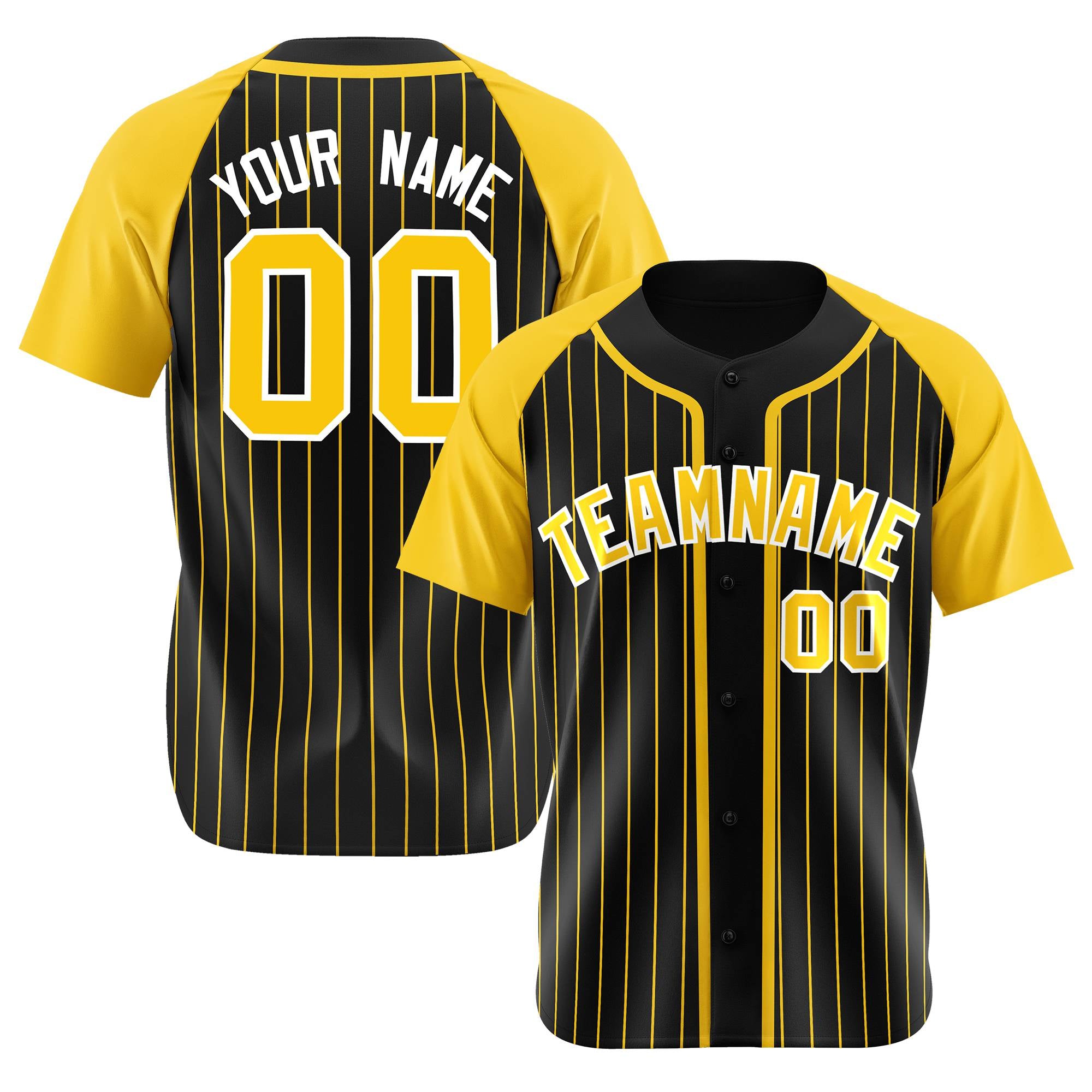 Custom Black Yellow Pinstripe Yellow-White Authentic Raglan Sleeves Baseball Jersey